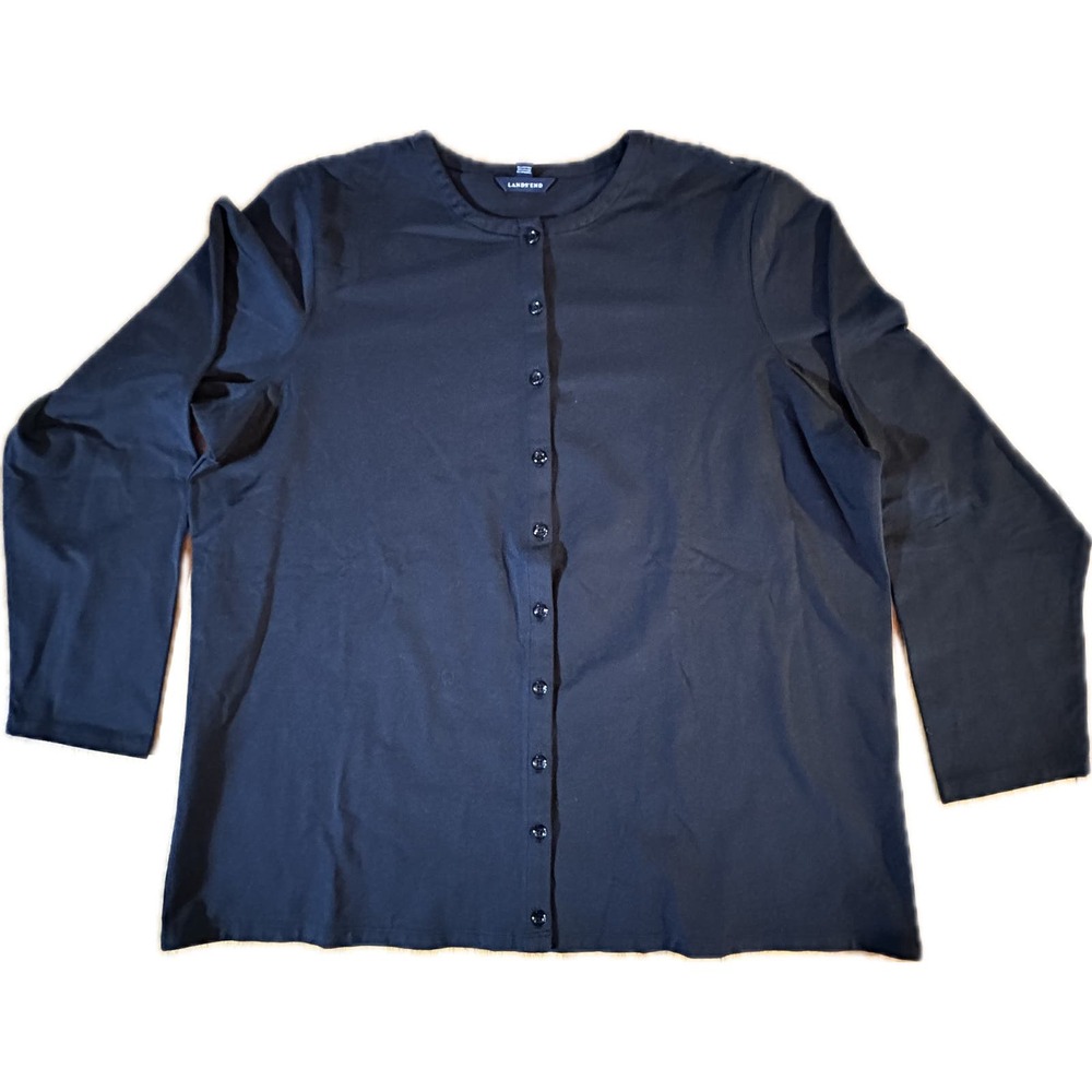 Lands' End Plus Size 16W-18W Black Button-Up Jersey Shirt Round Neck‎